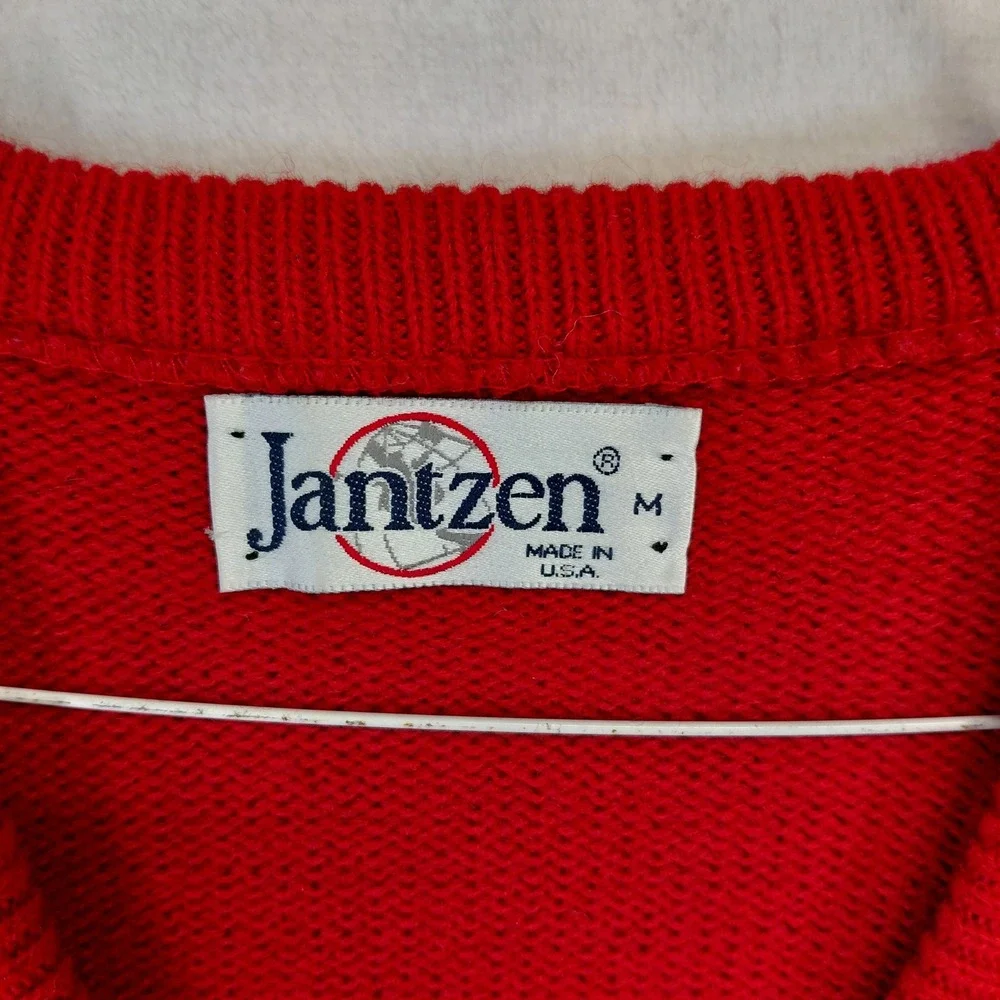 Vintage Jantzen Mens Red Cable Knit V-Neck Sweater Vest Made in USA Size M